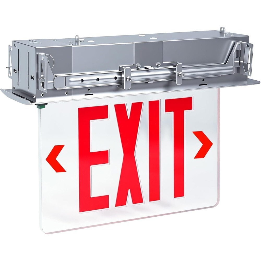 MTAEI LED Edge-Lit Exit Sign 16.5x6 120-347V Battery Backup Aluminum Recessed